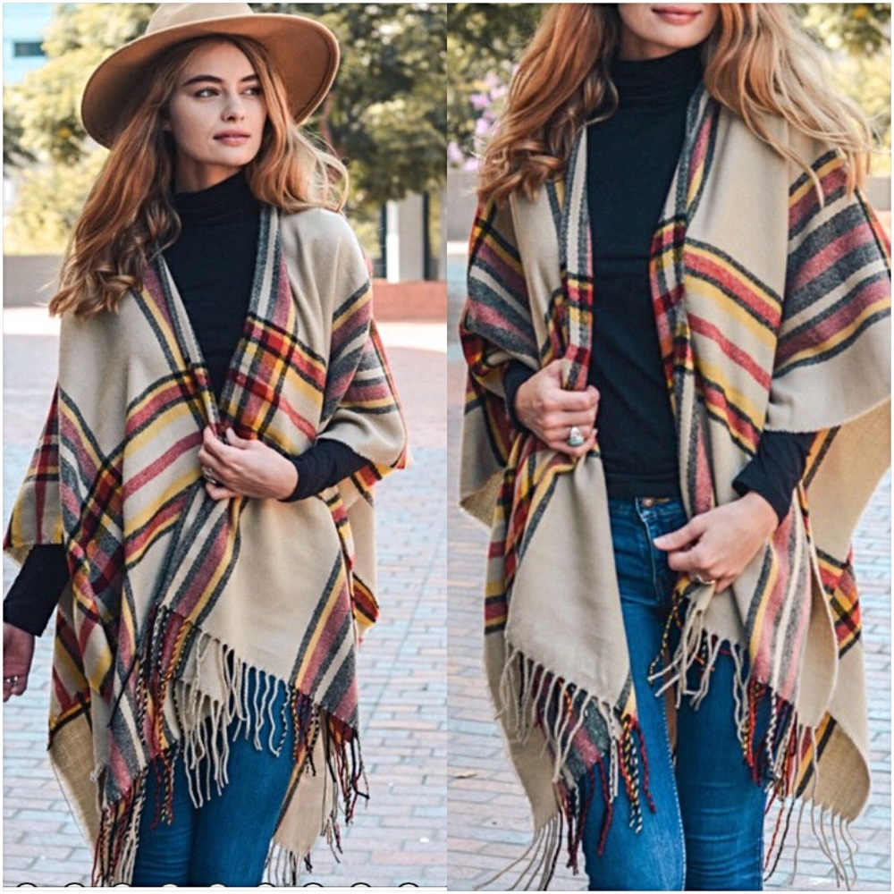Boho Fringe Acrylic Sweater Kimono Wrap O/S - Picture 7 of 8